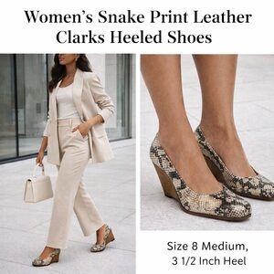 Clarks Snake Print Leather Wedge Heels · Size 8M · 3.5” Heel · Like New